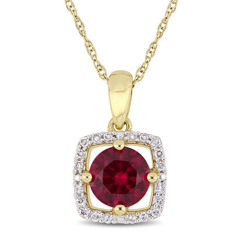 6.0mm Lab-Created Ruby and 0.1 CT. T.W. Diamond Cushion Frame Pendant in 10K Yellow Gold - 17