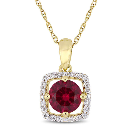 6.0mm Lab-Created Ruby and 0.1 CT. T.W. Diamond Cushion Frame Pendant in 10K Yellow Gold - 17