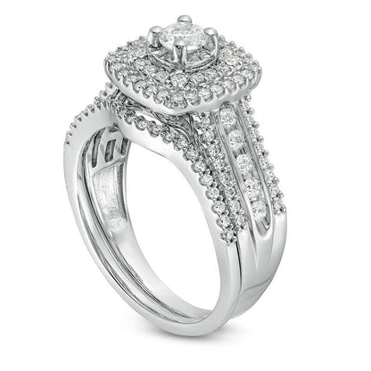 1.0 CT. T.W. Natural Diamond Double Cushion Frame Multi-Row Bridal Engagement Ring Set in Solid 10K White Gold