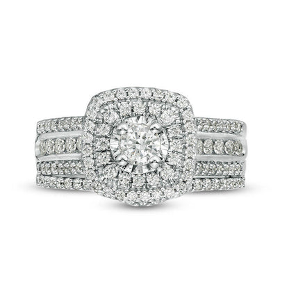 1.0 CT. T.W. Natural Diamond Double Cushion Frame Multi-Row Bridal Engagement Ring Set in Solid 10K White Gold