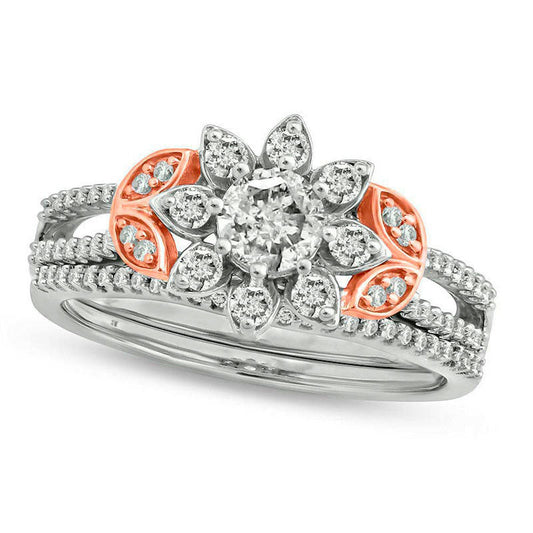 0.75 CT. T.W. Natural Diamond Flower Frame Leaf-Sides Bridal Engagement Ring Set in Solid 10K Two-Tone Gold