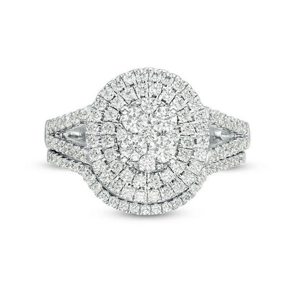 1.13 CT. T.W. Quad Natural Diamond Double Oval Frame Bridal Engagement Ring Set in Solid 10K White Gold