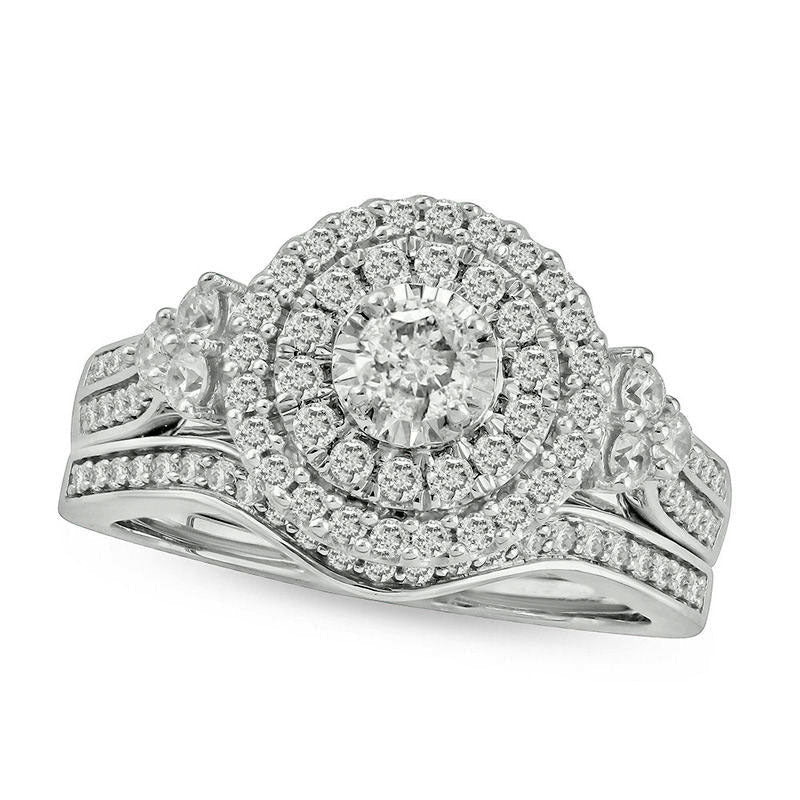 1.0 CT. T.W. Natural Diamond Double Frame Tri-Sides Bridal Engagement Ring Set in Solid 10K White Gold