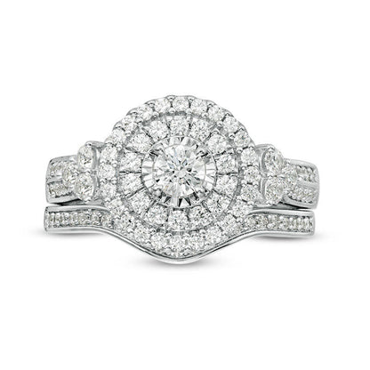 1.0 CT. T.W. Natural Diamond Double Frame Tri-Sides Bridal Engagement Ring Set in Solid 10K White Gold