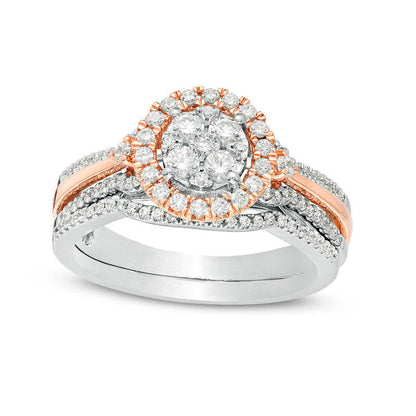 0.63 CT. T.W. Quad Natural Diamond Frame Multi-Row Bridal Engagement Ring Set in Solid 10K Two-Tone Gold