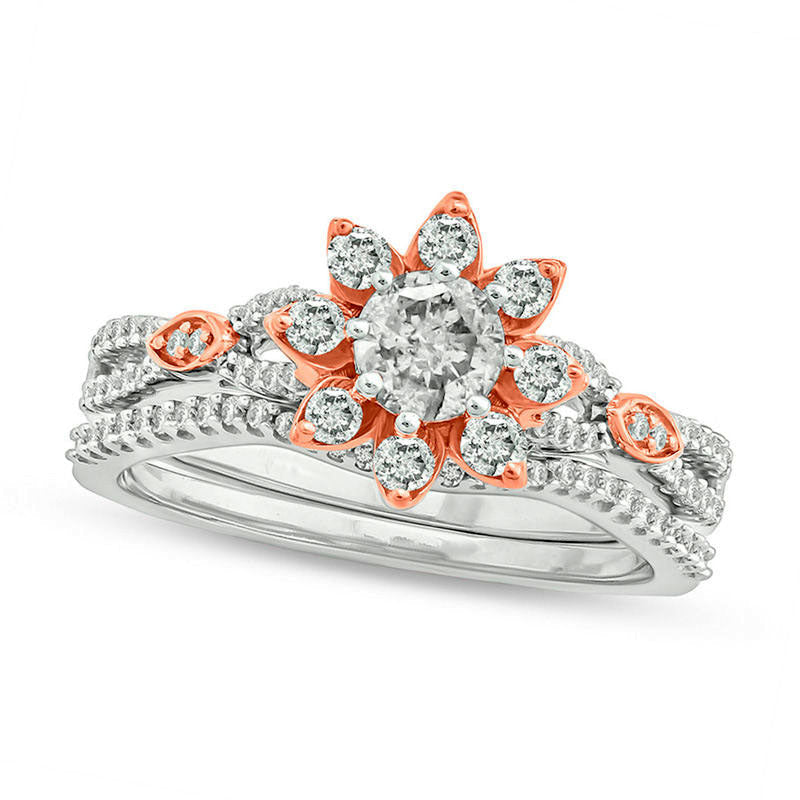 0.75 CT. T.W. Natural Diamond Flower Frame Bridal Engagement Ring Set in Solid 10K Two-Tone Gold