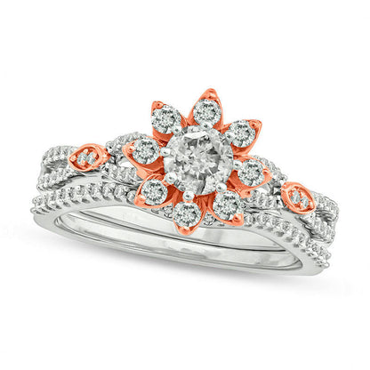 0.75 CT. T.W. Natural Diamond Flower Frame Bridal Engagement Ring Set in Solid 10K Two-Tone Gold