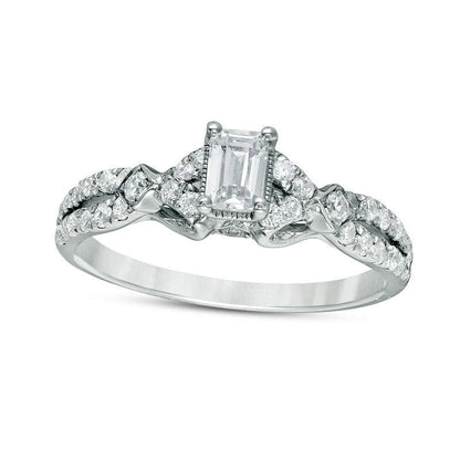 0.75 CT. T.W. Emerald-Cut Natural Diamond Antique Vintage-Style Engagement Ring in Solid 14K White Gold - Size 7