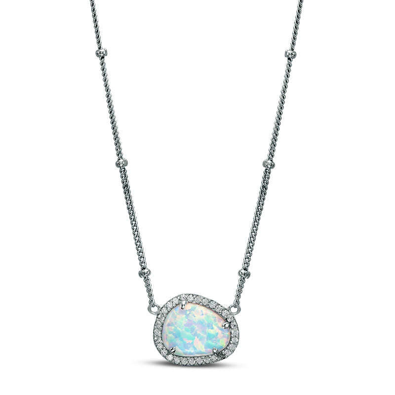 Pear-Shaped Lab-Created Opal and White Sapphire Frame Necklace in Sterling Silver - 16