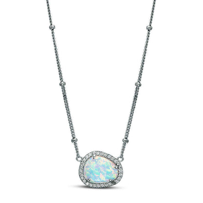 Pear-Shaped Lab-Created Opal and White Sapphire Frame Necklace in Sterling Silver - 16
