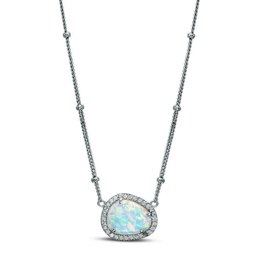 Pear-Shaped Lab-Created Opal and White Sapphire Frame Necklace in Sterling Silver - 16