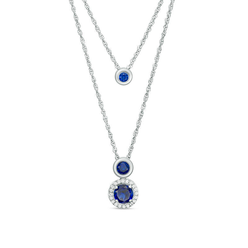 Lab-Created Blue and White Sapphire Frame Double Strand Necklace in Sterling Silver - 20