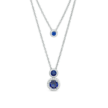 Lab-Created Blue and White Sapphire Frame Double Strand Necklace in Sterling Silver - 20