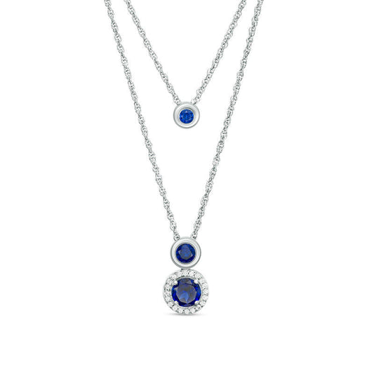Lab-Created Blue and White Sapphire Frame Double Strand Necklace in Sterling Silver - 20