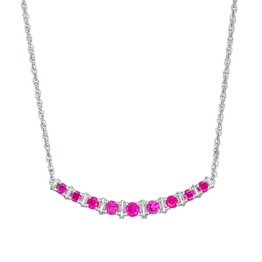 Graduated Lab-Created Ruby Curved Bar Necklace in Sterling Silver