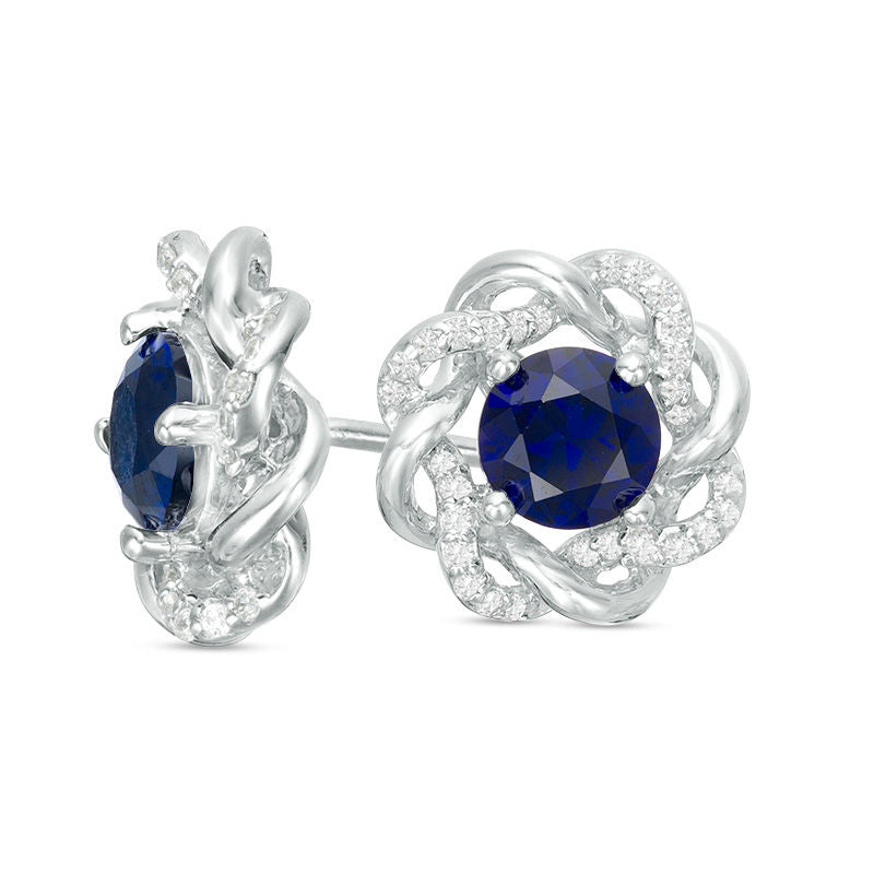 5.0mm Lab-Created Blue Sapphire and 0.17 CT. T.W. Diamond Loose Braided Frame Stud Earrings in 10K White Gold