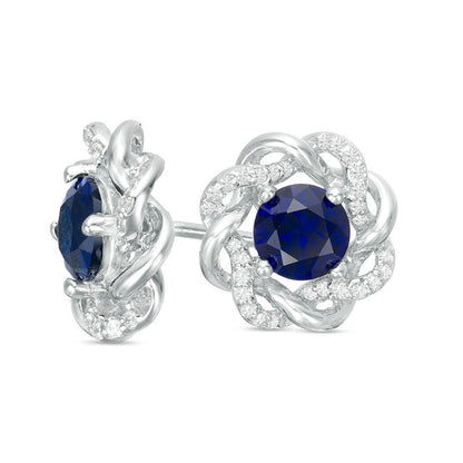 5.0mm Lab-Created Blue Sapphire and 0.17 CT. T.W. Diamond Loose Braided Frame Stud Earrings in 10K White Gold