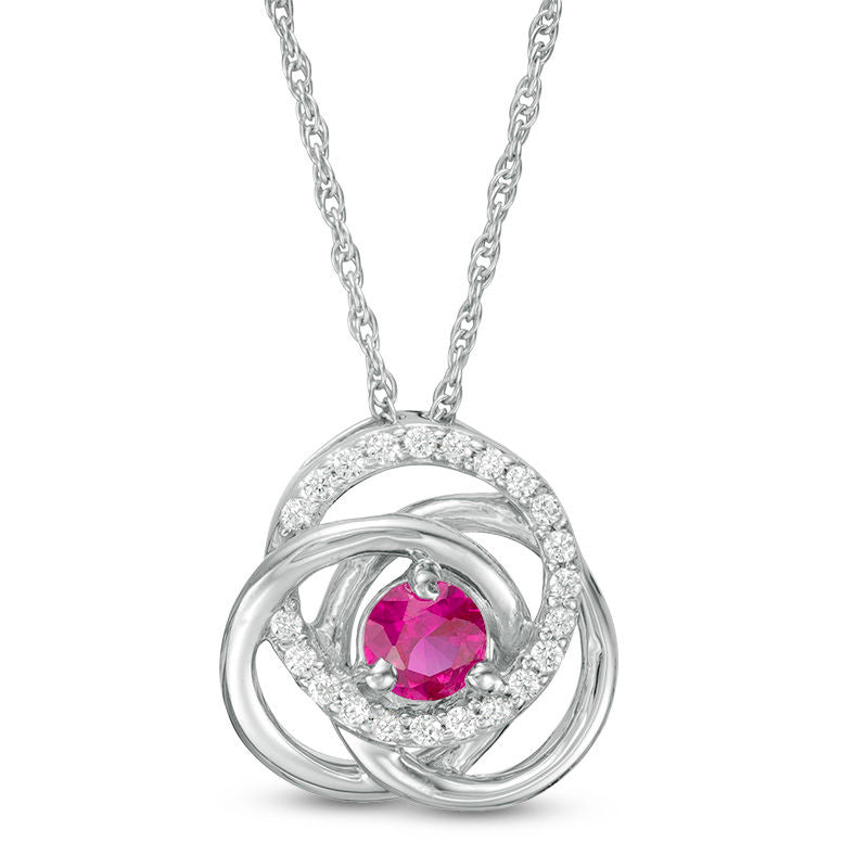 4.0mm Lab-Created Ruby and 0.1 CT. T.W. Diamond Love Knot Frame Pendant in Sterling Silver