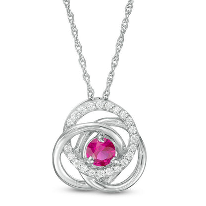 4.0mm Lab-Created Ruby and 0.1 CT. T.W. Diamond Love Knot Frame Pendant in Sterling Silver