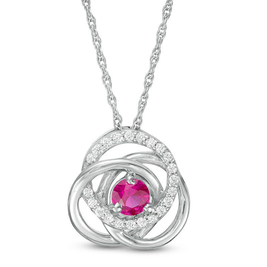 4.0mm Lab-Created Ruby and 0.1 CT. T.W. Diamond Love Knot Frame Pendant in Sterling Silver