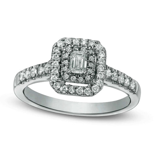 0.50 CT. T.W. Emerald-Cut Natural Diamond Double Frame Engagement Ring in Solid 14K White Gold