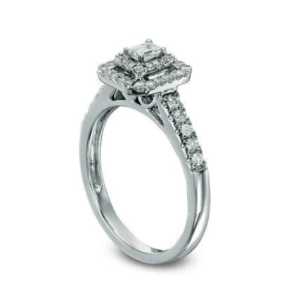 0.50 CT. T.W. Emerald-Cut Natural Diamond Double Frame Engagement Ring in Solid 14K White Gold
