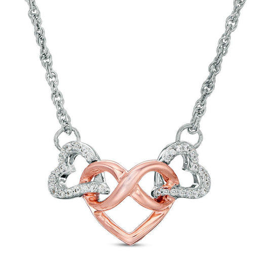 0.1 CT. T.W. Natural Diamond Infinity Heart Interlocking Necklace in Sterling Silver and 10K Rose Gold - 17.38