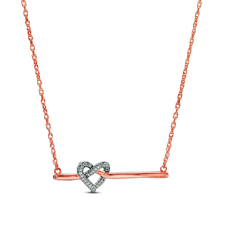 0.05 CT. T.W. Natural Diamond Love Knot Heart Bar Necklace in 10K Rose Gold - 16.37