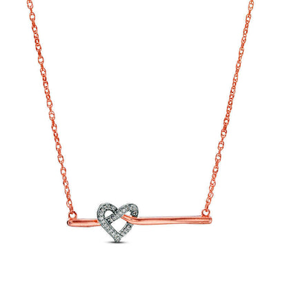 0.05 CT. T.W. Natural Diamond Love Knot Heart Bar Necklace in 10K Rose Gold - 16.37
