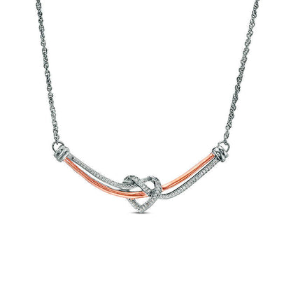 0.17 CT. T.W. Natural Diamond Love Knot Heart Curved Bar Necklace in Sterling Silver and 10K Rose Gold - 16.37