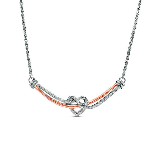 0.17 CT. T.W. Natural Diamond Love Knot Heart Curved Bar Necklace in Sterling Silver and 10K Rose Gold - 16.37