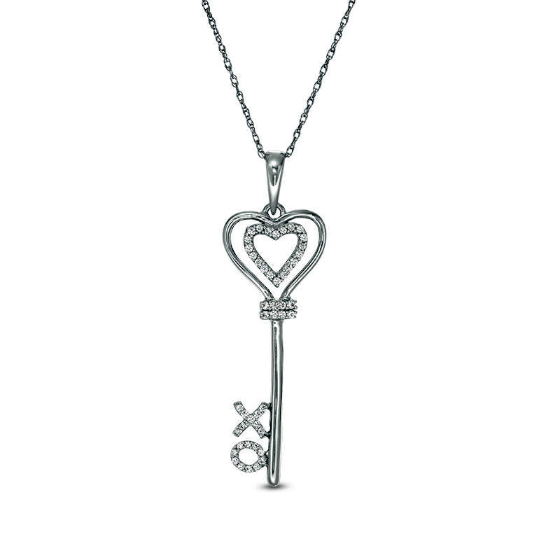 0.1 CT. T.W. Natural Diamond XO" Heart-Top Key Pendant in Sterling Silver"