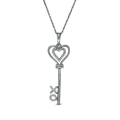 0.1 CT. T.W. Natural Diamond XO" Heart-Top Key Pendant in Sterling Silver"