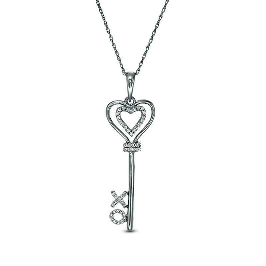 0.1 CT. T.W. Natural Diamond XO" Heart-Top Key Pendant in Sterling Silver"