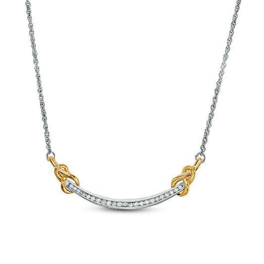 0.17 CT. T.W. Natural Diamond Love Knot Curved Bar Necklace in Sterling Silver and 10K Yellow Gold - 16.43