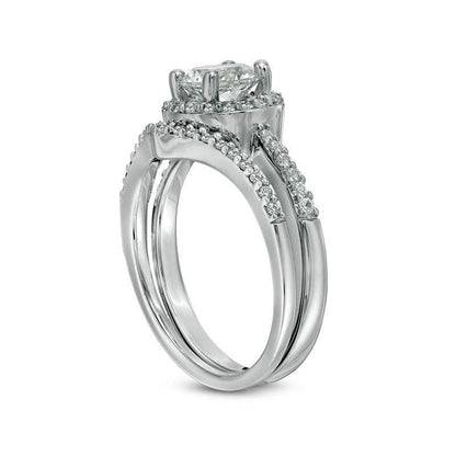 6.0mm Lab-Created White Sapphire Frame Chevron Bridal Engagement Ring Set in Sterling Silver