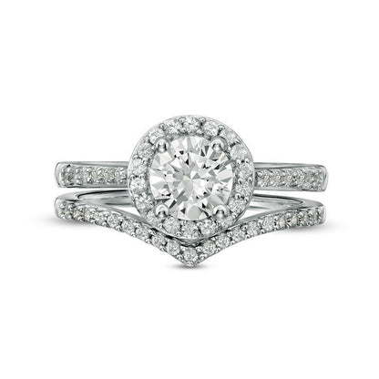 6.0mm Lab-Created White Sapphire Frame Chevron Bridal Engagement Ring Set in Sterling Silver