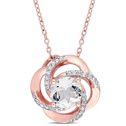 8.0mm White Topaz Flower Swirl Frame Pendant in Sterling Silver with Rose Rhodium