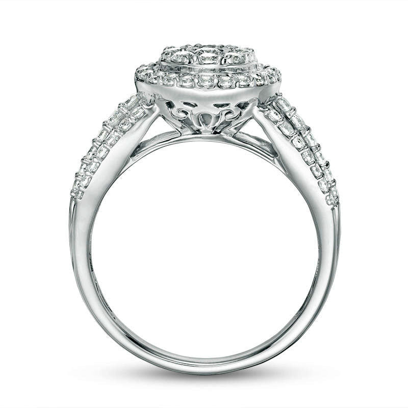 1.0 CT. T.W. Natural Diamond Double Frame Antique Vintage-Style Multi-Row Engagement Ring in Solid 10K White Gold