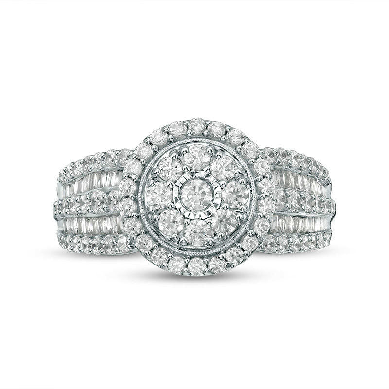 1.0 CT. T.W. Natural Diamond Double Frame Antique Vintage-Style Multi-Row Engagement Ring in Solid 10K White Gold