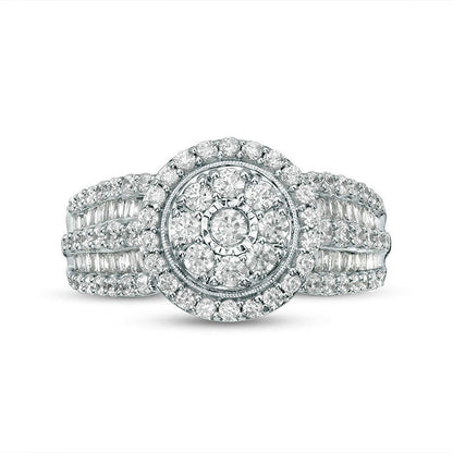 1.0 CT. T.W. Natural Diamond Double Frame Antique Vintage-Style Multi-Row Engagement Ring in Solid 10K White Gold