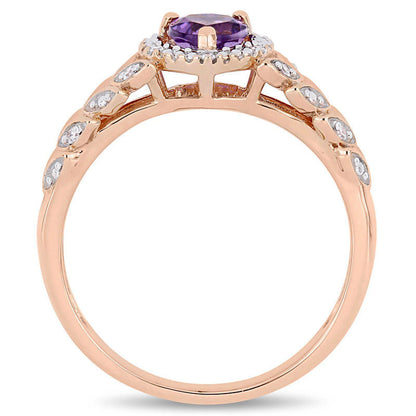 5.0mm Heart-Shaped Amethyst and 0.05 CT. T.W. Natural Diamond Beaded Frame Leaf Shank Ring in Solid 10K Rose Gold