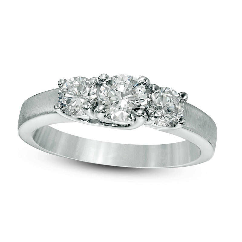 1.0 CT. T.W. Natural Diamond Three Stone Satin-Finish Engagement Ring in Solid 14K White Gold