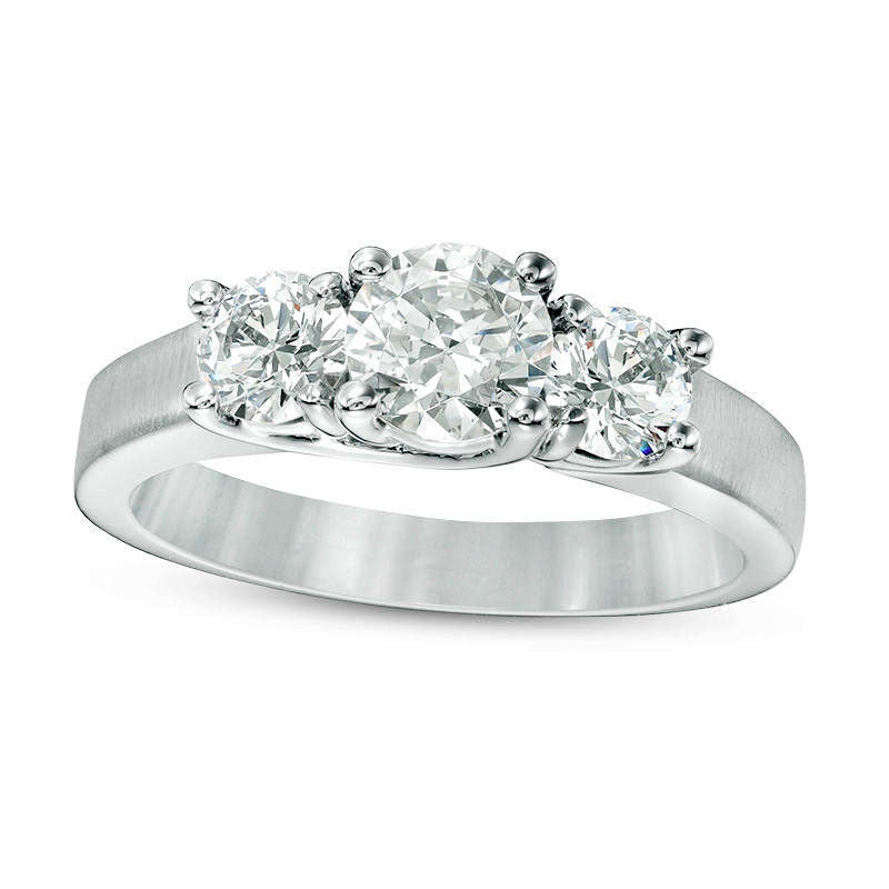 1.5 CT. T.W. Natural Diamond Three Stone Satin-Finish Engagement Ring in Solid 14K White Gold
