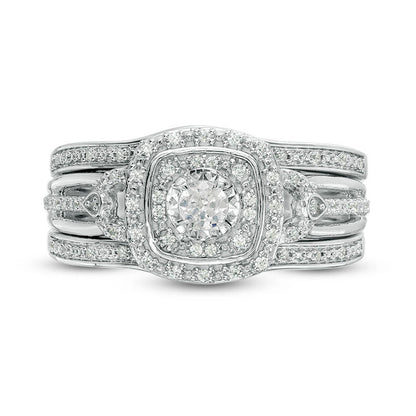 0.25 CT. T.W. Natural Diamond Double Square Frame Three Piece Bridal Engagement Ring Set in Sterling Silver