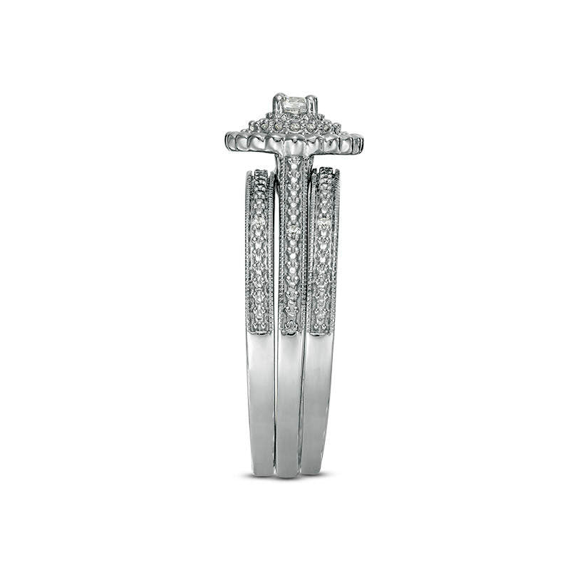 0.25 CT. T.W. Natural Diamond Double Frame Antique Vintage-Style Three Piece Bridal Engagement Ring Set in Sterling Silver