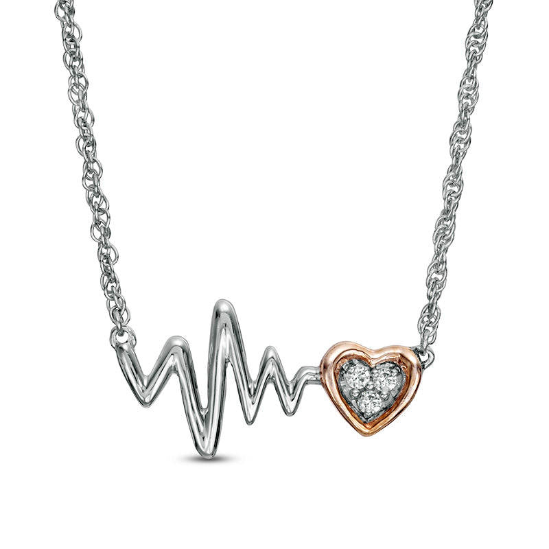 0.05 CT. T.W. Natural Diamond Heartbeat and Heart Necklace in Sterling Silver and 10K Rose Gold - 17.15