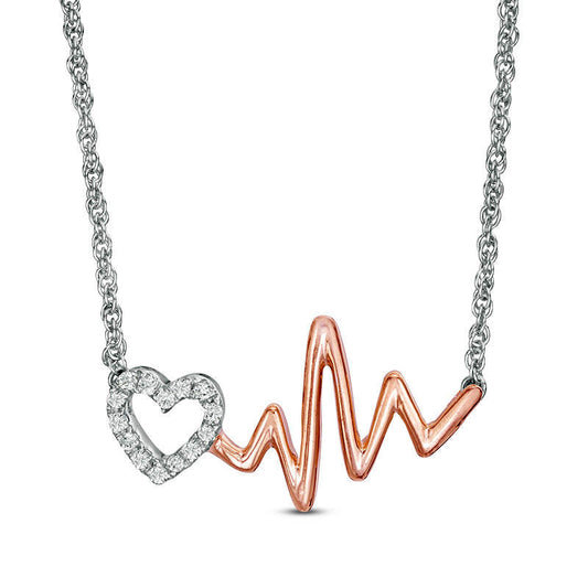0.1 CT. T.W. Natural Diamond Heartbeat and Heart Necklace in Sterling Silver and 10K Rose Gold - 17