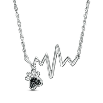 Enhanced Black Natural Diamond Accent Heartbeat and Paw Print Dangle Necklace in Sterling Silver - 17.25