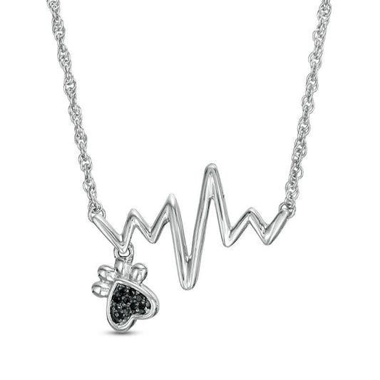 Enhanced Black Natural Diamond Accent Heartbeat and Paw Print Dangle Necklace in Sterling Silver - 17.25